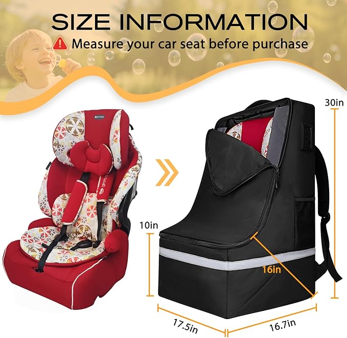 Car Seat Travel Bag for Airplane,Infant Seat Travel Bag with Shoulder Strap,Padded Car Seats Backpack with Reflective Stripes,Large Carseat Carrier Bag Travel Car Seat Cover, Black-BubblyBeeBaby