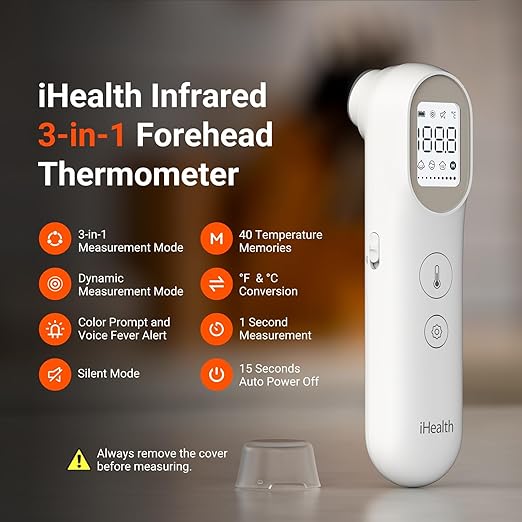 iHealth Infrared Digital Thermometer for Adults and Kids, Baby Thermometer with 3-in-1 Mode & 3-Color Prompt, Fever Alarm & Silent Mode, Forehead & Object Detection, 40 Memory Storages, PT9L, White-BubblyBeeBaby
