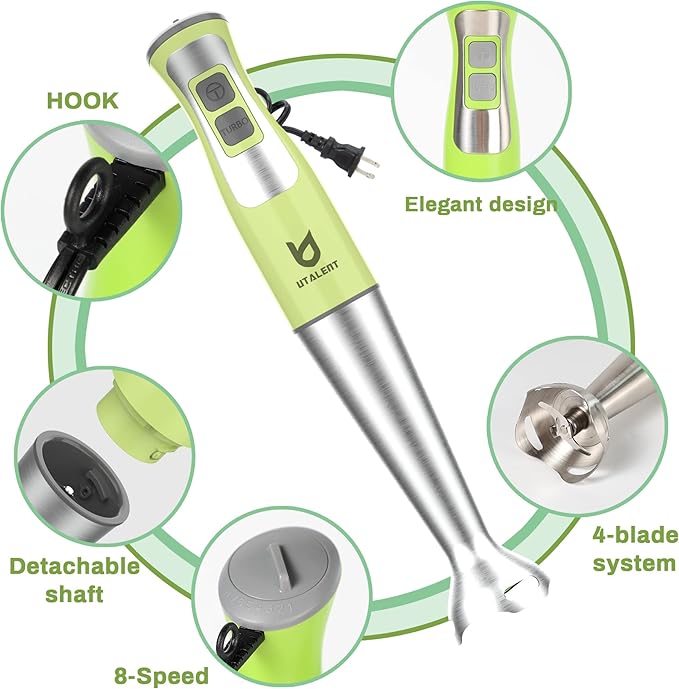 Immersion Hand Blender, UTALENT 3-in-1 8-Speed Stick Blender with Milk Frother, Egg Whisk for Coffee Milk Foam, Puree Baby Food, Smoothies, Sauces and Soups - Green-BubblyBeeBaby
