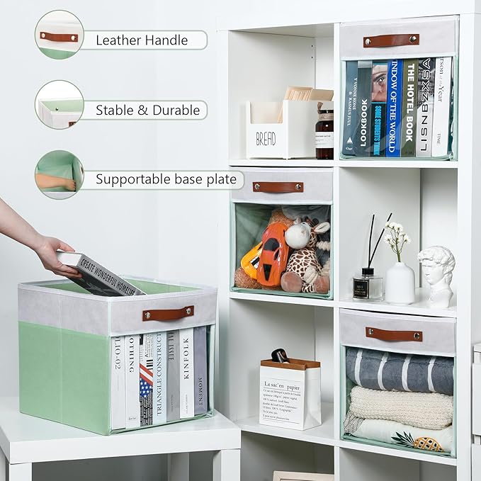HNZIGE 13x15x13 Cube Storage Bins, 4 Pack Fabric Clear Organizer With Window, Large Collapsible Shelf Bins for Closet, Toy, Clothes - White Green-BubblyBeeBaby