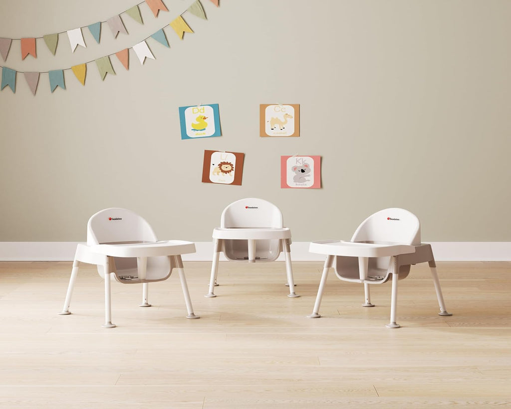 Foundations Secure Sitter Feeding Chairs Multipack, No-Tip Feet, 3-Point Adjustable Harness, Removable Tray, Easy to Clean, Stackable Feeding Chairs, 3 Pack (7 inch)