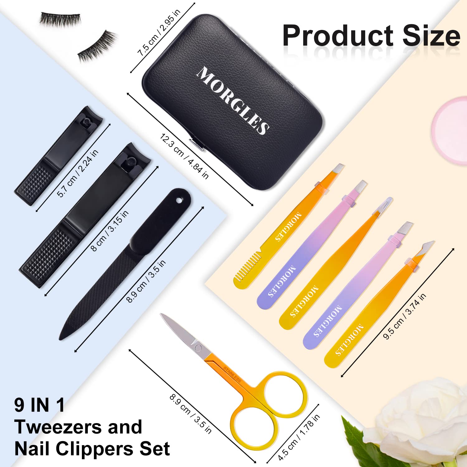 MORGLES Tweezers Set, Professional Nail Clippers and Tweezer Kit for Women and Men with Leather Travel Case, 9 Pack