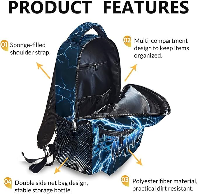 Kids Backpack for Boys, Personalized Train Schoolbag Casual Bag for Primary Senior Middle, 17 Inch Lightweight Durable Custom Lightning Backpacks, Cool Back to School Gift-BubblyBeeBaby