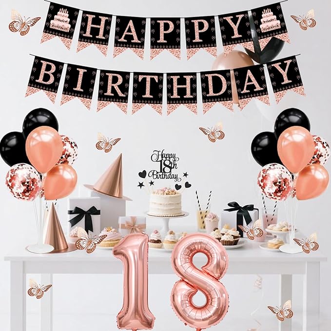 18th Birthday Decorations for Girls Women - 56pcs Rose Gold Happy 18th Banner, 18th Birthday Crown Sash, Cake Topper, Number 40 balloons, 3D Butterflies, 4 Balloon Stands kits-BubblyBeeBaby