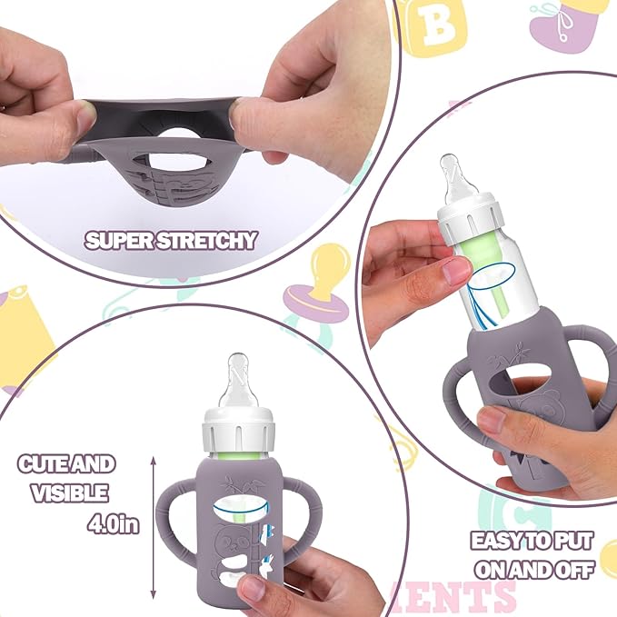 BUSOHA 3 Pack Silicone Sleeves for Dr. Brown's Glass Baby Bottles - Drop Protection Baby Bottle Sleeves,Compatible with Dr. Brown's Newborn Glass Bottles,with Silicone Handles,4 oz-BubblyBeeBaby