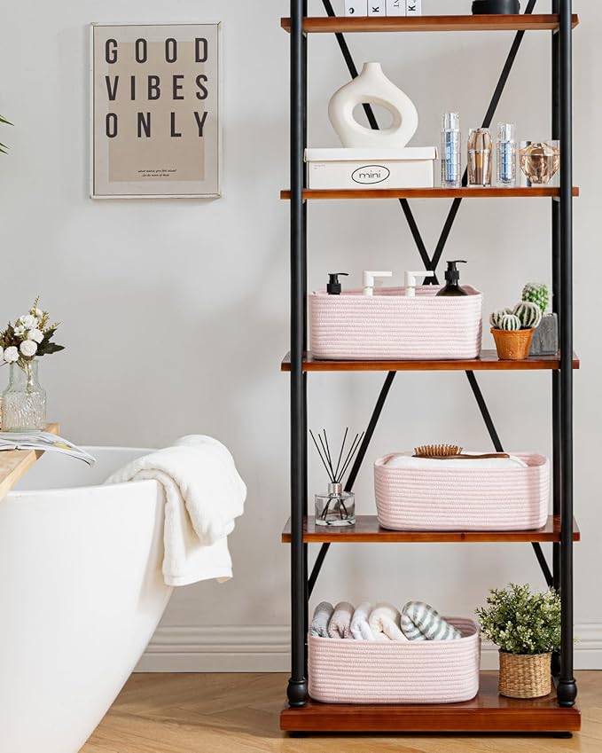 KALLAX Small Woven Basket, 13.5 x 9.5 x 5 Inches, Storage Basket for Organizing, Cute Small Rope Shelf Closet Cube Storage Bins Baskets for Shelves, Dog Toy Gift Baskets Empty, 3 Pack Light Pink-BubblyBeeBaby