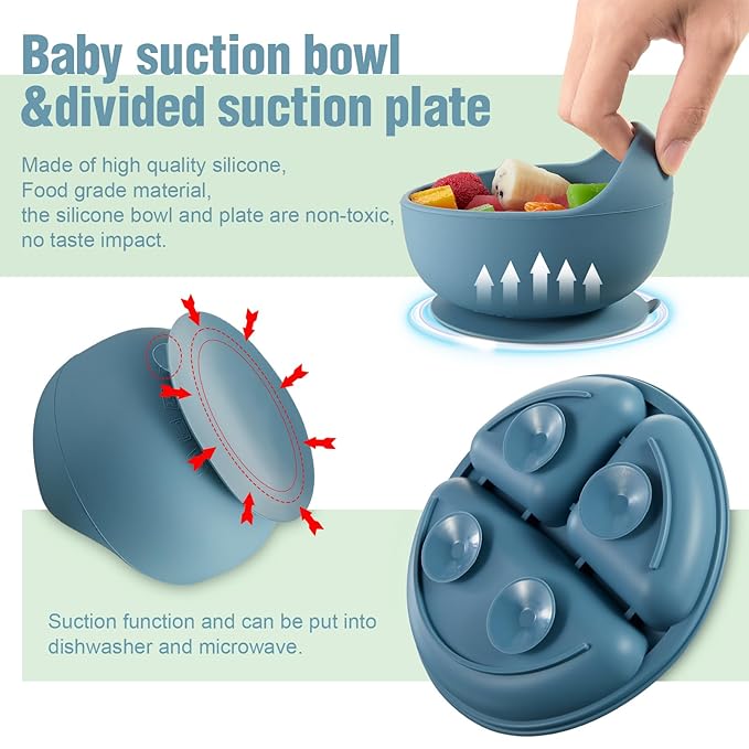 10 Pack Silicone Baby Feeding Set, Toddlers Led Weaning Feeding Supplies with Suction Baby Bowl Divided Plate Adjustable Bib Soft Silicone Spoon Fork, Infant Self Eating Utensil Set (Blue, Green)-BubblyBeeBaby