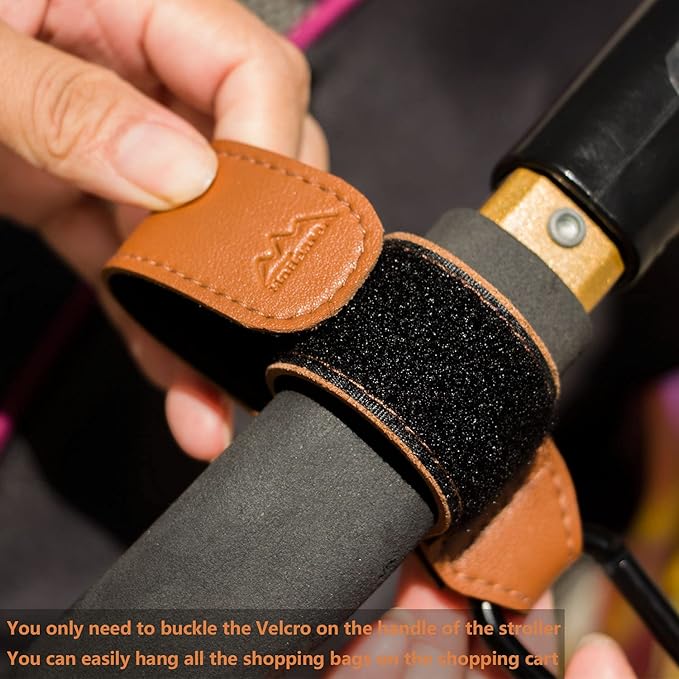Baby Stroller Hooks Bag Hooks for Hanging Diaper Bags Multipurpose Hooks for Grocery Shopping Bags Premium Vegan Leather Pram Straps 2 Pcs (Brown)-BubblyBeeBaby
