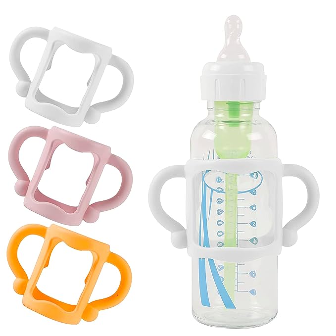 (3-Pack) Bottle Handles for Dr Brown Baby Bottles with Easy Grip Handles to Hold Their Own Bottle - BPA-Free Soft Silicone (White Pink Orange)-BubblyBeeBaby