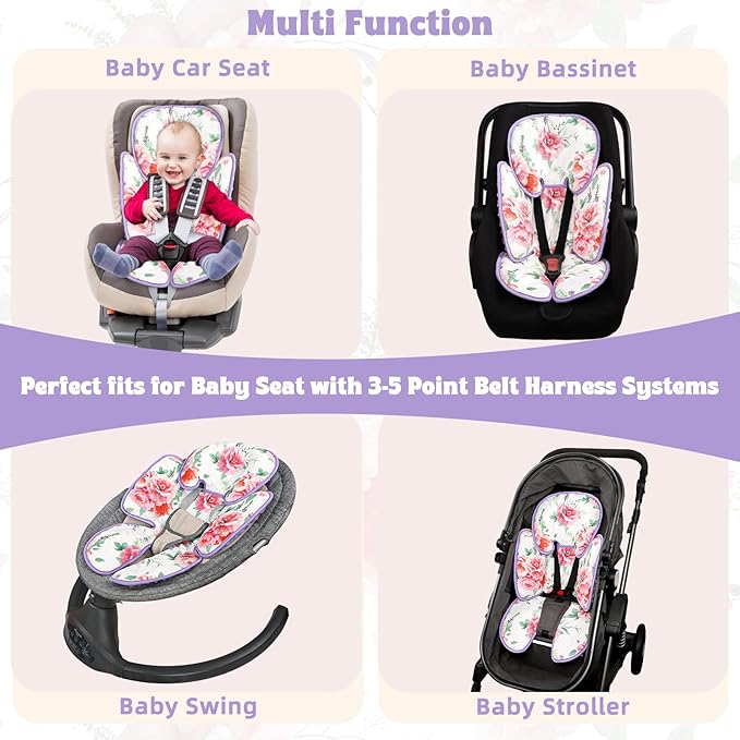 Pea Pod Infant Car Seat Insert 2-in-1 Baby Car Seat Head & Body Support for Newborn Girl Reversible 3 Layer Warm Preemie Carseat Stroller Cushion Headrest with Soft Minky Dot Fabric, Pink Floral-BubblyBeeBaby