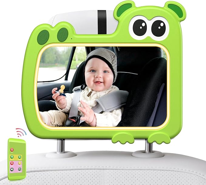 2-in-1 Baby Car Mirror with Lights & Soft Sounds, Cry Detector, Clear Night View, 360° Rotation, Shatterproof, Rear Facing Baby Car Seat Mirror with Remote Control, Perfect Baby Shower Gifts (Green)-BubblyBeeBaby