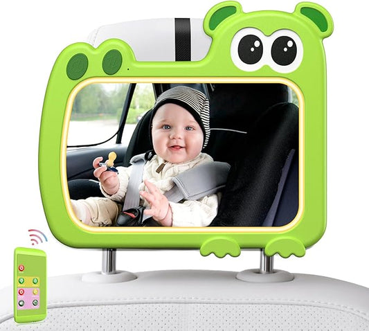 2-in-1 Baby Car Mirror with Lights & Soft Sounds, Cry Detector, Clear Night View, 360° Rotation, Shatterproof, Rear Facing Baby Car Seat Mirror with Remote Control, Perfect Baby Shower Gifts (Green)-BubblyBeeBaby