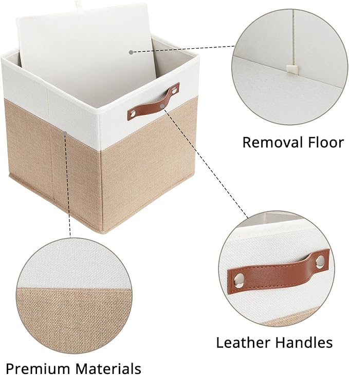 HNZIGE Fabric Storage Cubes, Cube Storage Bins 12 x 12, Set of 4, Decorative Storage Baskets for Shelves with Handles,Foldable Bins for Cube Shelf Organizer Home Toy Nursery Closet(Beige White)-BubblyBeeBaby
