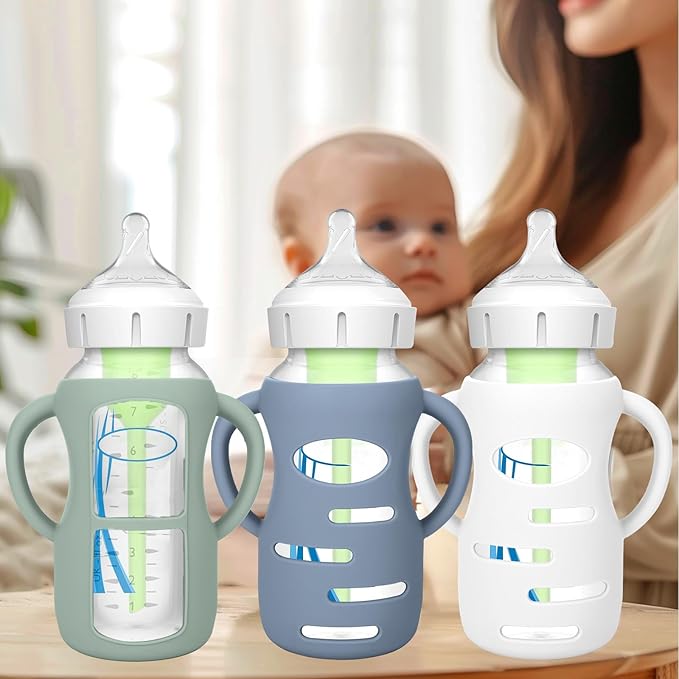 BUSOHA 3 Pack Silicone Sleeves for Dr Brown's Glass Baby Bottles - Drop Protection Baby Bottle Sleeves,Compatible with Dr. Brown's Newborn Glass Bottles,with Silicone Handles,9 oz-BubblyBeeBaby