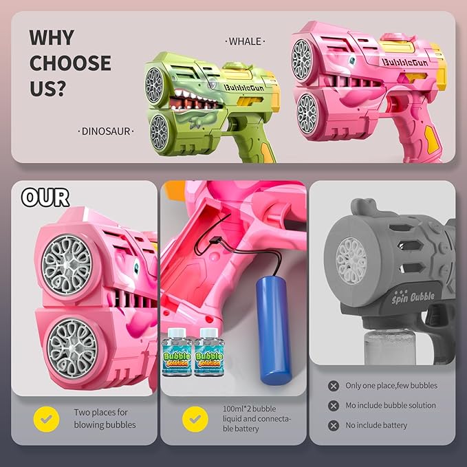 Jasny 2 Pack Rechargeable Dino Bubble Guns for Kids, LED Light Up Bubbles Machine Blower with 2 Bottles Refill Solution for Toddlers, Summer Wedding Toys Gift-BubblyBeeBaby