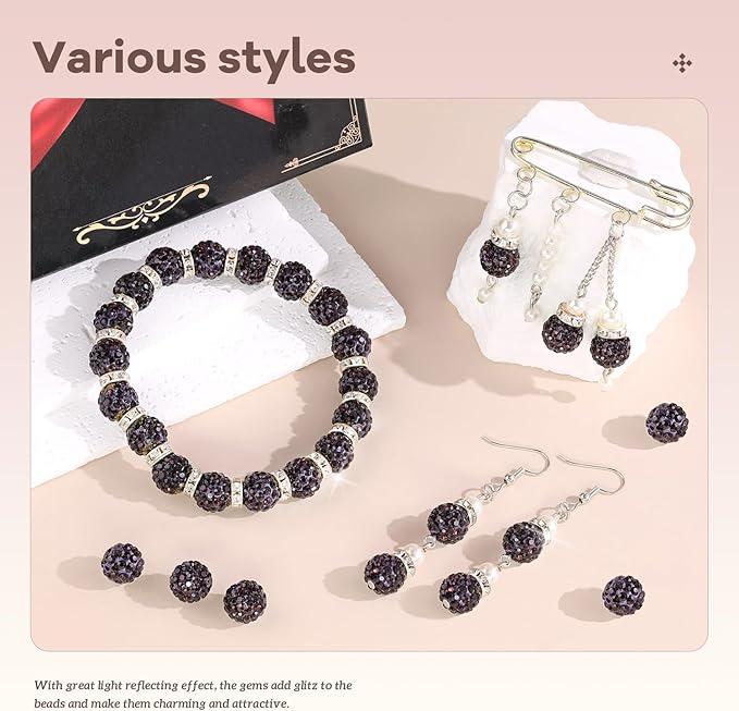 105pcs 10mm Rhinestone Beads for Jewelry Making, Dark Purple Shiny Round Disco Ball Beads Bulk, Sparkle Crystal Clay Christmas for Bracelet Baseball Necklace Earring Crafting and DIY-BubblyBeeBaby