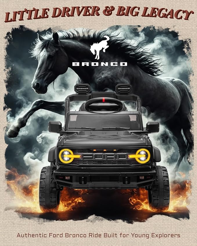 12V Ride on Toys for Kids, Licensed Ford Bronco Raptor Children Electric Vehicles, Toddler Battery Powered Car with Double Doors, 3 Point Safety Belt, Led Lights (12V, Black)-BubblyBeeBaby