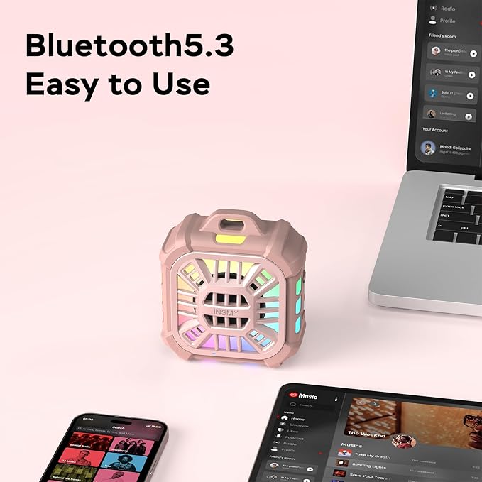 INSMY IP67 Waterproof Bluetooth Speaker, Shower Speaker Portable Small Clip-on, Multi Sync 100+ Speakers, Big Volume Booming Bass, 24H Playtime/Floatable/RGB Lights for Outdoor/Kayak/Beach(Pink)-BubblyBeeBaby