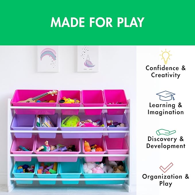Humble Crew Supersized Toy Storage Organizer with 16 Removable Bins, White/Blue/Pink/Purple – Large Toy Storage for Toddlers Ideal for Kids' Rooms, Playrooms, and Nurseries - Modern Toy Bins for Kids-BubblyBeeBaby