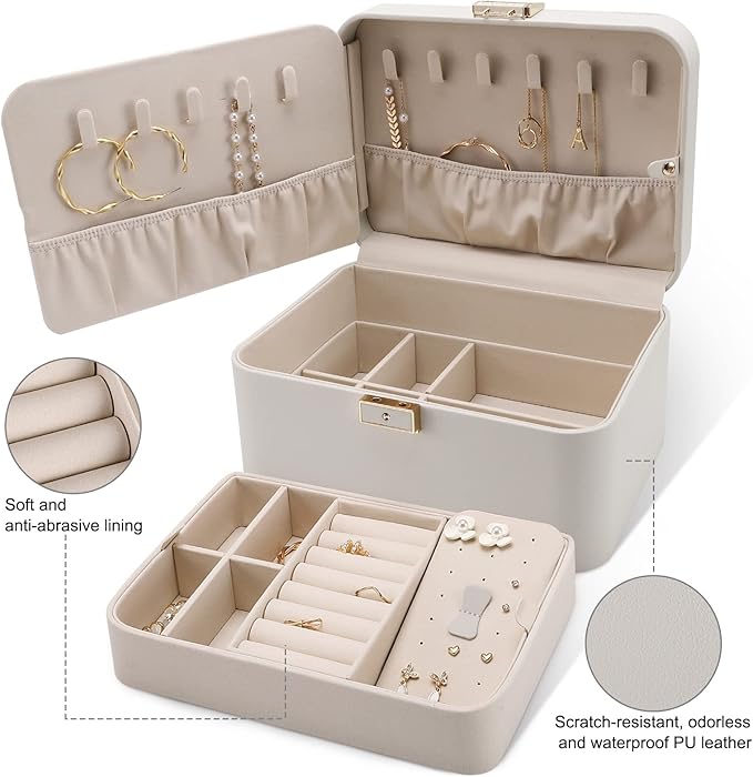KAMIER Jewelry Box, 2 Layers PU Leather Jewelry Organizer Box, Large Capacity, Double Lock and Large Mirror, Hidden Necklace Hooks, Removable Dividers, Grey-BubblyBeeBaby