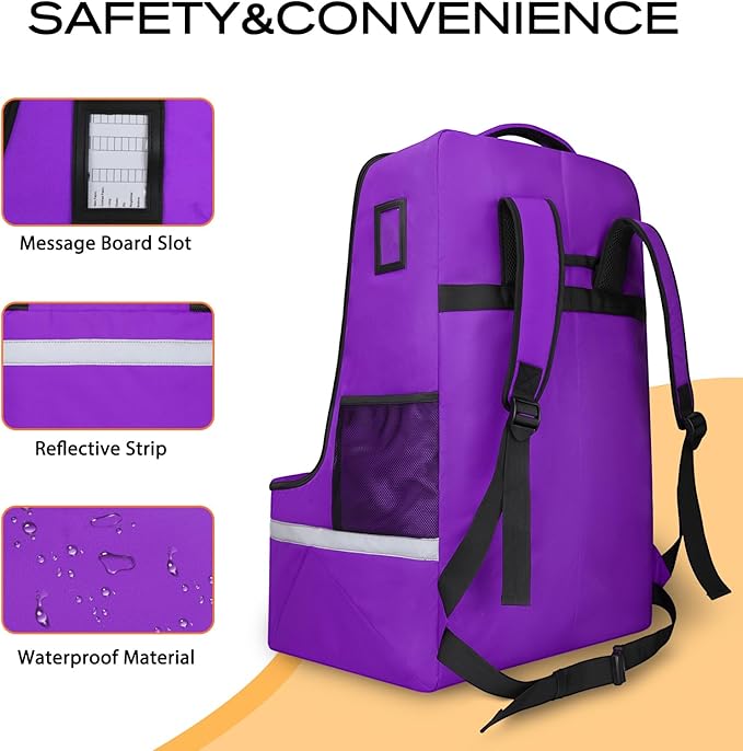 Car Seat Travel Bag for Airplane,Infant Seat Travel Bag with Shoulder Strap,Padded Car Seats Backpack with Reflective Stripes,Large Carseat Carrier Bag Travel Car Seat Cover,Purple-BubblyBeeBaby