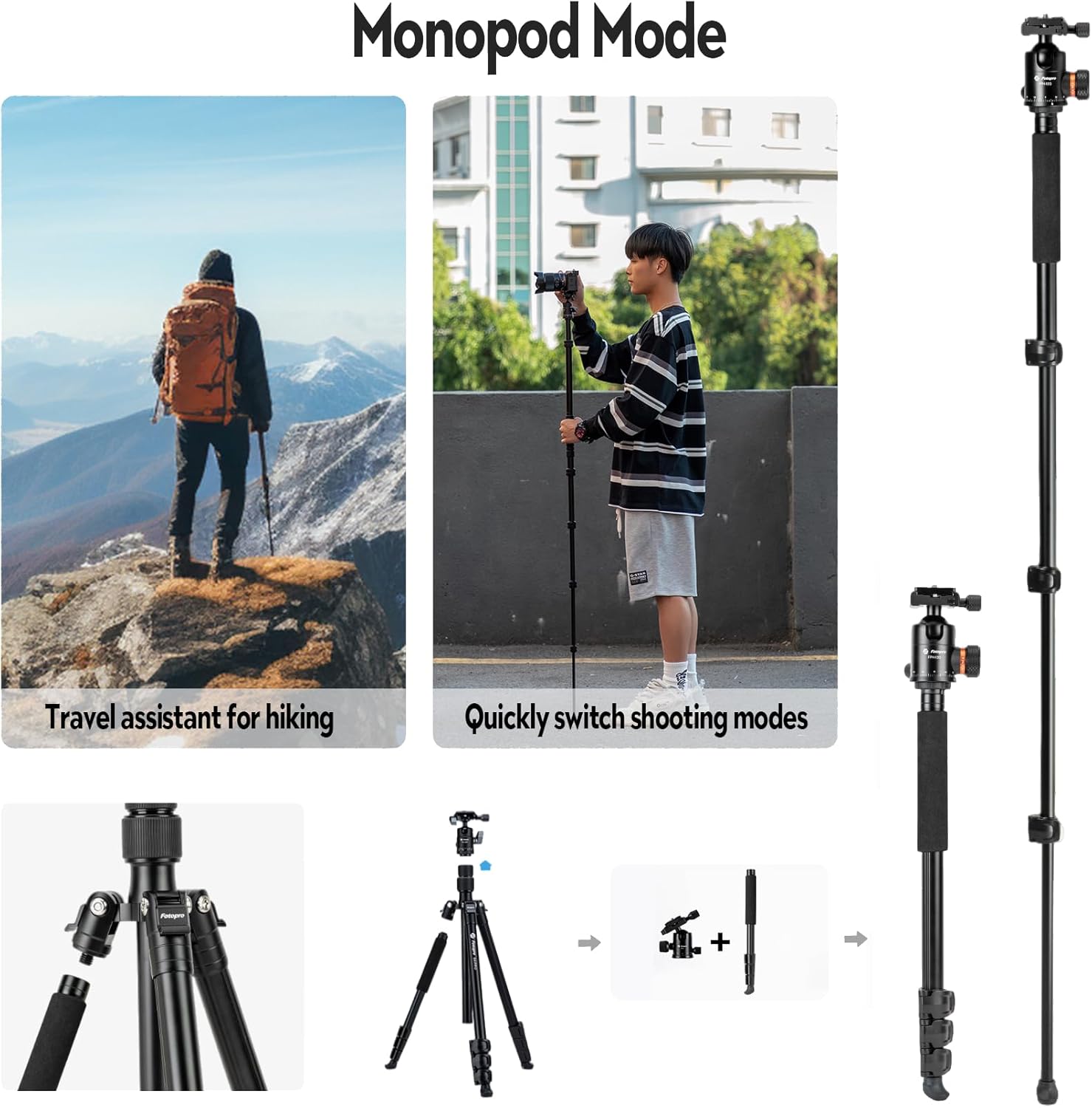 Fotopro 78" Camera Tripod, Aluminum Compact Travel Tripod and Monopod with 360° Fluid Head Quick Release Plate, Professional Video Tripod for DSLR, Load up 6.6lbs