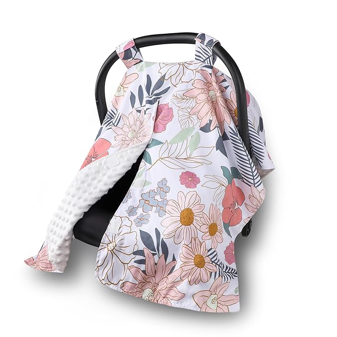 Car Seat Cover Baby, Infant Car Seat Canopy Covers for Newborn Girls Boys, Soft Breathable Minky Carseat Covers Stretchy Multi-Use Nursing Cover for Stroller Baby Car Seat, Daisy Flroal-BubblyBeeBaby