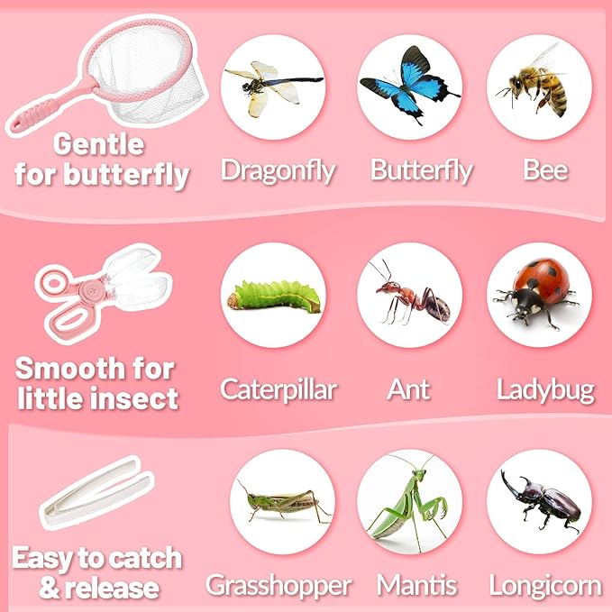 2 Set Bug Catcher for Kids- Educational Bug Catching Kit Including Butterfly Net, Insect Clip, Tweezer, Outdoor Toys for Kids Ages 3-10 (Pink)-BubblyBeeBaby