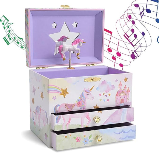 Jewelkeeper Enchanting Unicorn Musical Jewelry Box for Girls - Sparkling Rainbow Design Music Box with 2 Pullout Drawers to Store Earrings, Necklace and Bracelets - Plays The Beautiful Dreamer Tune-BubblyBeeBaby