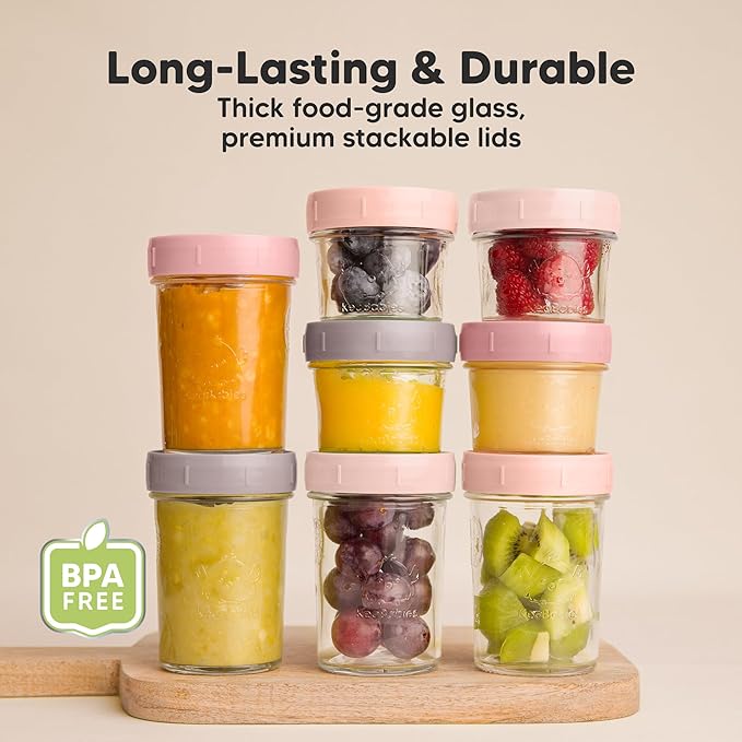 KeaBabies 4pk 8oz Glass Baby Food Containers with Lids - Leak-Proof, Microwavable Small Glass Jars, Baby Purees & Toddler Snack Storage Containers, BPA-Free, Dishwasher & Freezer Safe (Roseate)-BubblyBeeBaby