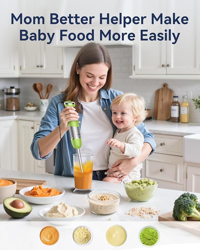 Immersion Blender Handheld 1000W 5 in 1 Corded Stick Hand Blender Kitchen with 12 Speed, BPA-Free, Mixing Beaker, Chopper, Whisk, Milk Frother, Perfect Emulsifier for Soup, Baby Food, Sauce, Puree-BubblyBeeBaby