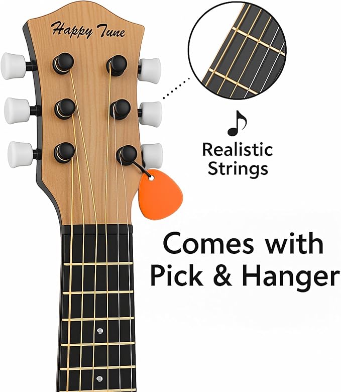 23" Acoustic Guitar, Kids 6 String Toy Guitar - Realistic Steel Strings - Beginner Practice First Musical Instrument for Children, Toddlers (Natural)-BubblyBeeBaby