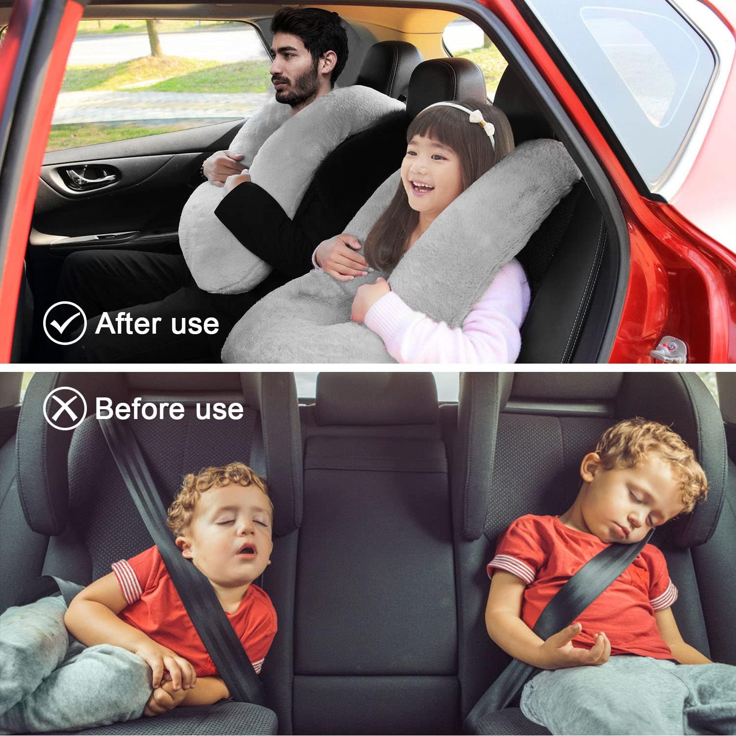 Car Pillow for Kids – Comfort Travel Pillow for Car – Soft Cotton Support Cushion for Children and Adults on Long Trips (Gray)