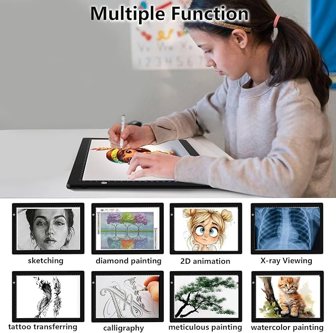 HIUKCOLED A4 Light Tracing Box with 4 Pcs Clips, Stepless Adjustable Brightness Ultra-Thin Light Pad, USB Powered LED Light Board for Drawing,Diamond Painting,Sketching,Animation,X-Ray,Sand Painting-BubblyBeeBaby