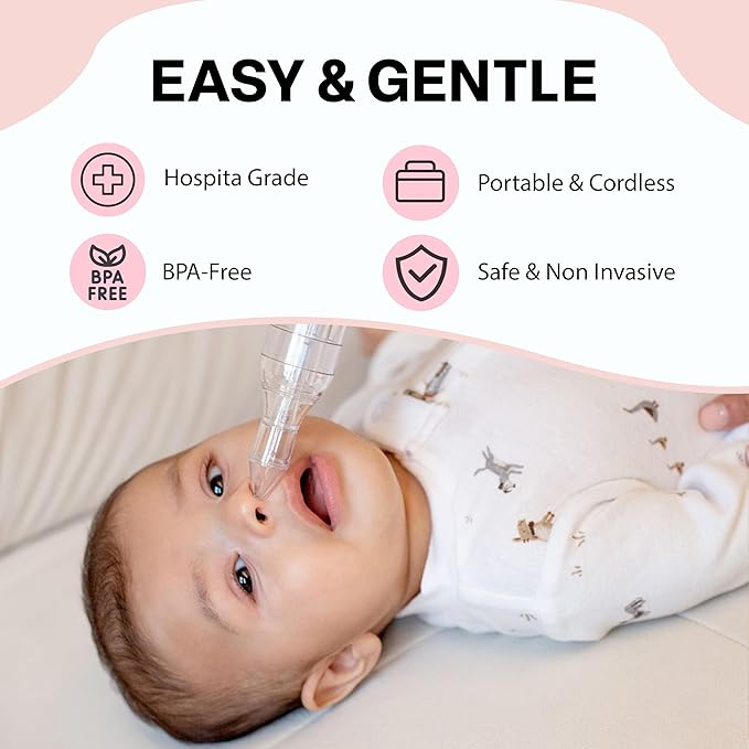 Hospital Grade Nasal Aspirator For Baby – Electric Nose Sucker for Baby & Toddler with 3-Level Suction, Portable & Rechargeable Mucus Removal for Breathing Relief, Cordless Booger Sucker & Snot Sucker-BubblyBeeBaby