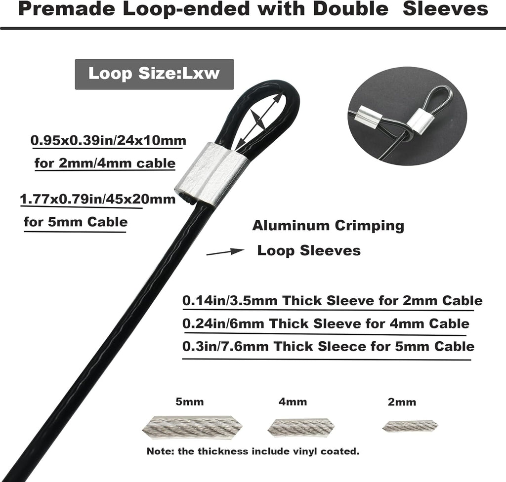 5 Pcs 4mm Wire 48 inch Vinyl Coated Stainless Steel Cable with Loops Short Wire Rope Lanyard Lock Security Chain Link for Outdoor Gates, Black(4mm x 48inch)