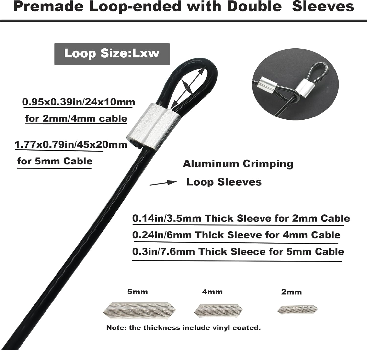 5 Pcs 4mm Wire 48 inch Vinyl Coated Stainless Steel Cable with Loops Short Wire Rope Lanyard Lock Security Chain Link for Outdoor Gates, Black(4mm x 48inch)