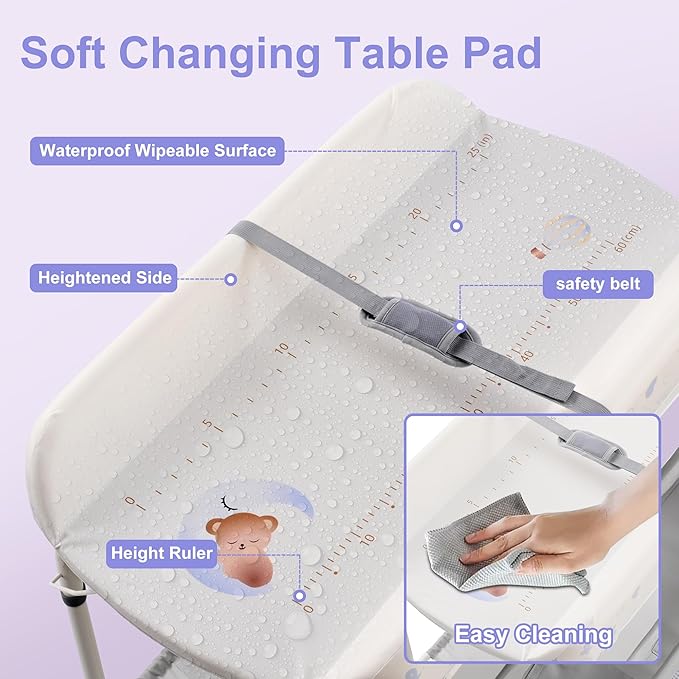 2-in-1 Baby Bathtub with Changing Table, Foldable Diaper Changing Station with 4 Wheels, Waterproof Pad, Storage Rack and Baby Bath Tub, Adjustable Height Portable Nursery Organizer for Newborn Infant-BubblyBeeBaby