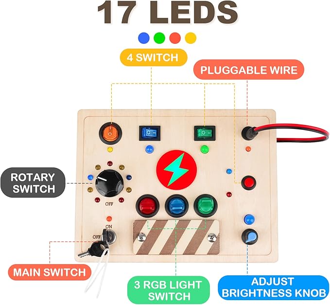 Joyreal Montessori Busy Board Wooden Sensory Toys for Toddler with LED Light Up Switch, Baby Fidget Board Travel Toys for 18+ Months, 1 2 3 Year Old Boys Girls Toddler Toy Gifts (Mixed Lights)-BubblyBeeBaby
