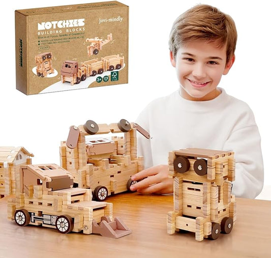 Jovi-mindly＆Notchies Wooden Blocks Train Set 101 PCS Create 40+ Shapes,Toys Educational Wooden Building Blocks Puzzles for Kids Ages 5-8 Boys and Girls,Truck/Excavator,FSC Certified,Graduate Gifts-BubblyBeeBaby