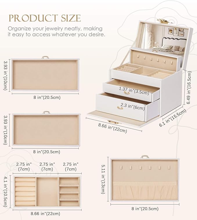 Jewelry Box with Lock for Girls: Jewelry Organizer for Dresser - 3-Drawer Earrings Storage Girls Women Gift (White)-BubblyBeeBaby