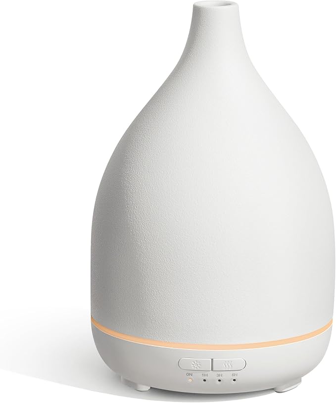 InnoGear Oil Diffuser, 300ML Ceramic Diffuser for Essential Oils Handcrafted Aromatherapy Diffuser Ultrasonic Cool Mist Humidifier with 4 Timers Waterless Auto Off for Room Office, White Base-BubblyBeeBaby