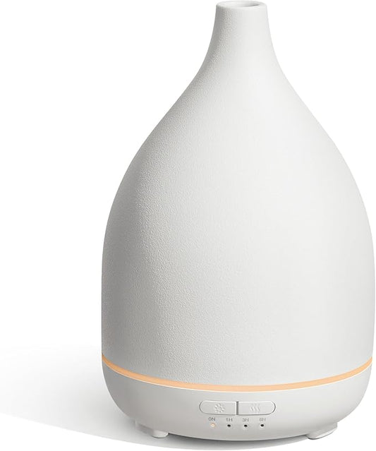 InnoGear Oil Diffuser, 300ML Ceramic Diffuser for Essential Oils Handcrafted Aromatherapy Diffuser Ultrasonic Cool Mist Humidifier with 4 Timers Waterless Auto Off for Room Office, White Base-BubblyBeeBaby