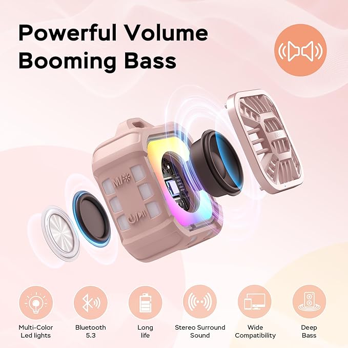 INSMY IP67 Waterproof Bluetooth Speaker, Shower Speaker Portable Small Clip-on, Multi Sync 100+ Speakers, Big Volume Booming Bass, 24H Playtime/Floatable/RGB Lights for Outdoor/Kayak/Beach(Pink)-BubblyBeeBaby