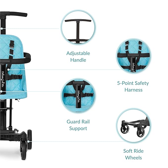 Dream On Me Lightweight and Compact Coast Rider Stroller with One Hand Easy Fold, Adjustable Handles and Soft Ride Wheels, Sky Blue-BubblyBeeBaby