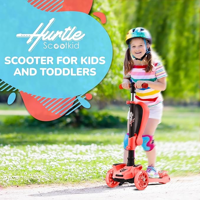 Hurtle 3-Wheeled Scooter for Kids - Wheel LED Lights, Adjustable Lean-to-Steer Handlebar, and Foldable Seat - Sit or Stand Ride with Brake for Boys and Girls Ages 1-14 Years Old-BubblyBeeBaby