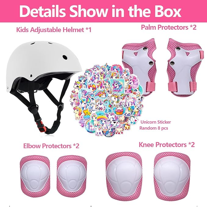 Kids Bike Helmet with Knee Elbow Wrist Pads Guards,Pink,for Ages 2-3-5-8-14,Sports Bicycle,Skate Scooter,Rollerblading with Unicorn Sticker-BubblyBeeBaby