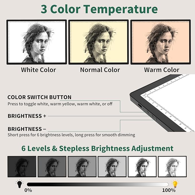 HIUKCOLED A3 Built-in Tilt Stand Light Tracing Box with Carry Bag, 3 Colors/Stepless Dimmable/6-level Brightness Adjustable, Battery Powered LED Light Board for Drawing,Diamond Painting,Sketching-BubblyBeeBaby
