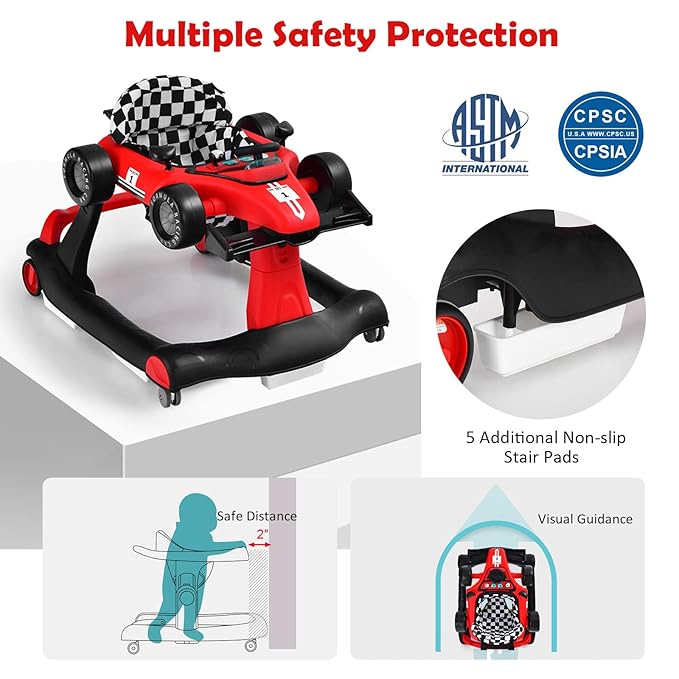 HONEY JOY 4-in-1 Baby Walker, Activity Push Walker w/3 Adjustable Heights, Smooth Wheels w/Adjustable Speed, Padded Seat, Music & Light, Foldable Car Walker for Baby Boys Girls Age 6 Months+ (Red)-BubblyBeeBaby