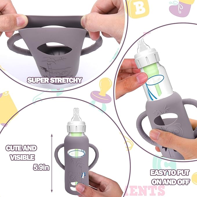 BUSOHA 3 Pack Silicone Sleeves for Dr Brown Glass Baby Bottles - Drop Protection Baby Bottle Sleeves,Compatible with Dr. Brown's Newborn Glass Bottles,with Silicone Handles,8 oz-BubblyBeeBaby